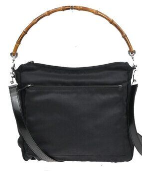 GUCCI Logo Bamboo 2Way Shoulder Hand Bag Nylon Leather Black SHW Italy 64ZA309